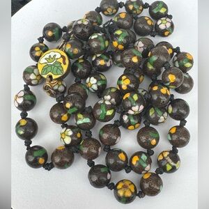 Vintage Cloisonne  Knotted Hand Painted 10 mm Beads Necklace 1960s